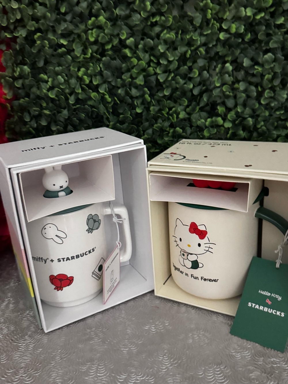 NWT Starbucks X Miffy and Hello Kitty Ceramic Mugs with with Silicone Lids